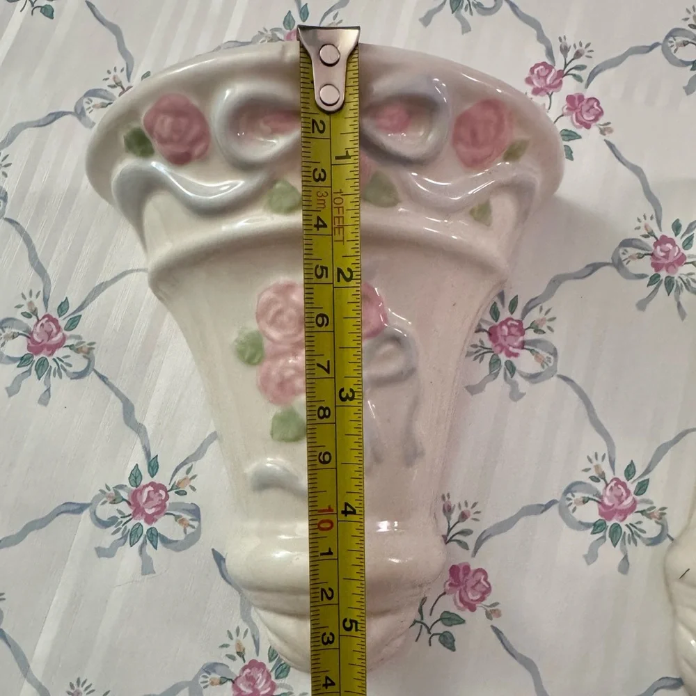 Pink Rose Ceramic Wall Pockets with Blue Ribbon Accents NOS
